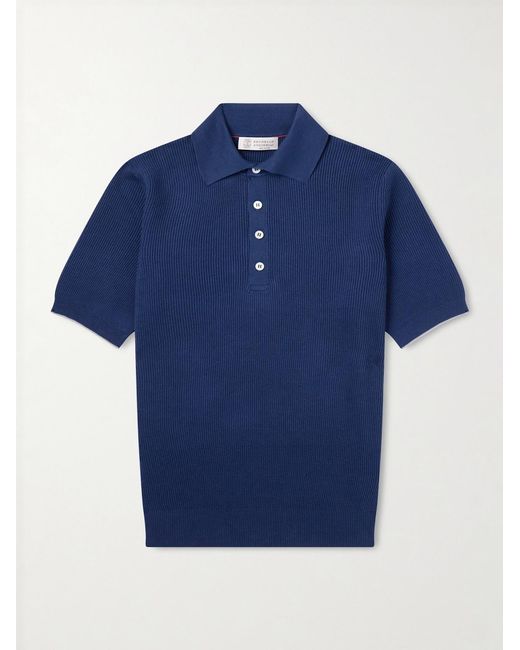 Brunello Cucinelli Blue Ribbed Cotton Polo Shirt for men