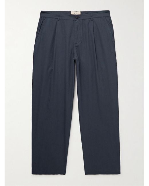 Folk Blue Wide-leg Pleated Cotton-twill Trousers for men