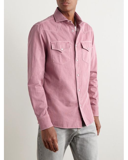 Brunello Cucinelli Pink Denim Western Shirt for men