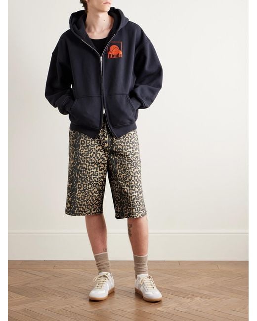 Rhude Black Wide-leg Leopard-print Denim Shorts for men
