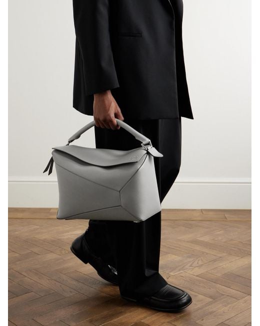 Loewe Gray Puzzle Edge Large Logo-debossed Full-grain Leather Messenger Bag for men