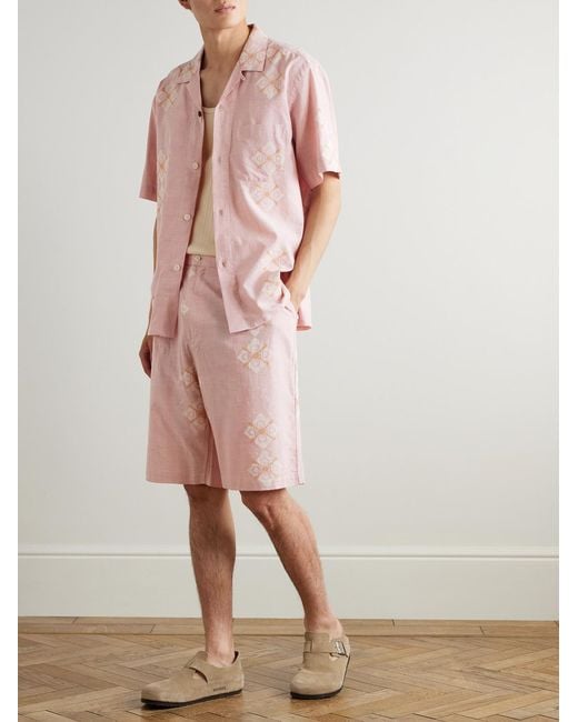 Kardo Pink Straight-Leg Embroidered Pleated Cotton Shorts for men