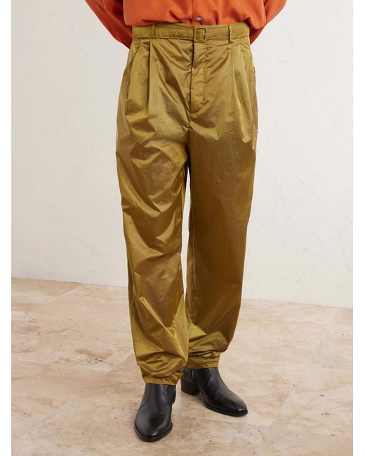Saint Laurent Yellow Tapered Belted Pleated Shell Trousers for men