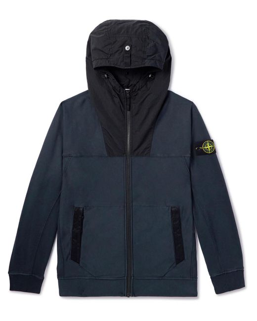Stone Island Blue Shell-trimmed Cotton-jersey Zip-up Hoodie for men