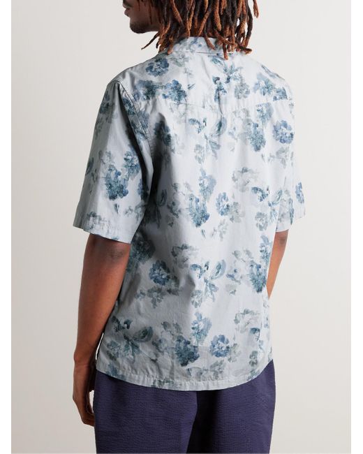 Officine Generale Blue Eren Camp-collar Floral-print Cotton-poplin Shirt for men
