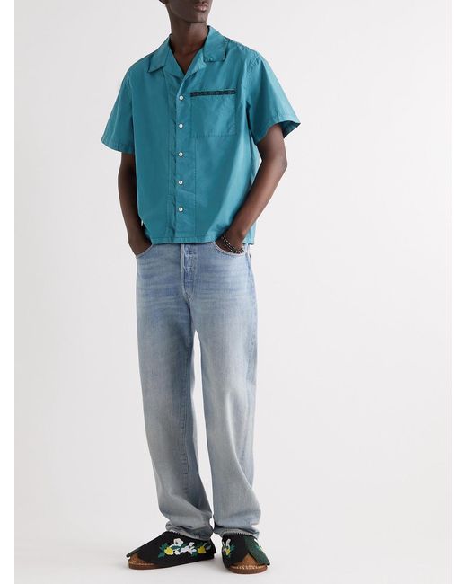 Adish Blue Camp-Collar Embroidered Garment-Dyed Cotton-Poplin Shirt for men