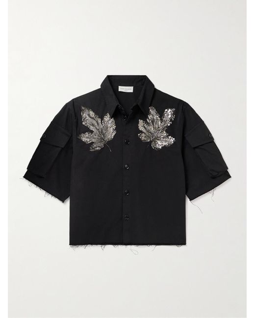 Camicia cropped in gabardine di cotone sfrangiato con decorazioni di Dries Van Noten in Black da Uomo