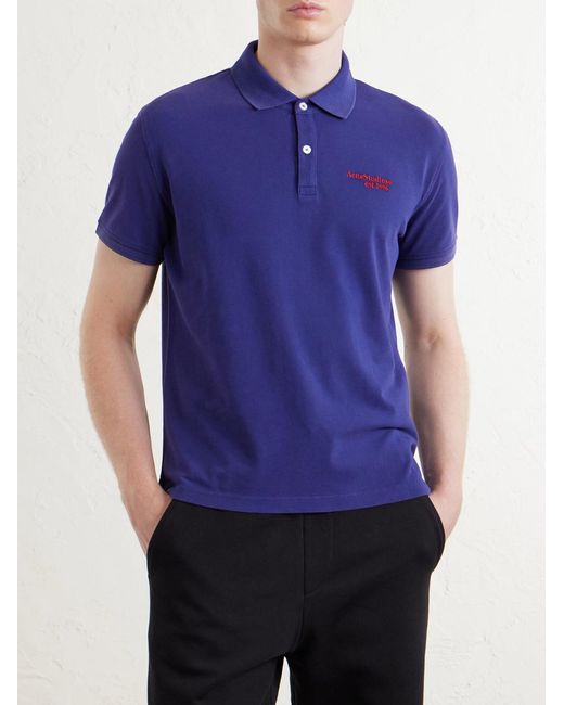 Acne Blue Logo-Embroidered Cotton-Piqué Polo Shirt for men