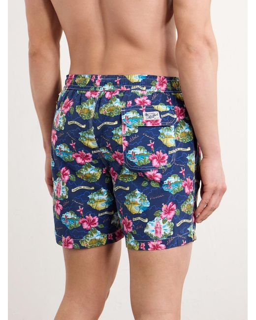 Hartford Blue Straight-Leg Mid-Length Printed Swim Shorts for men