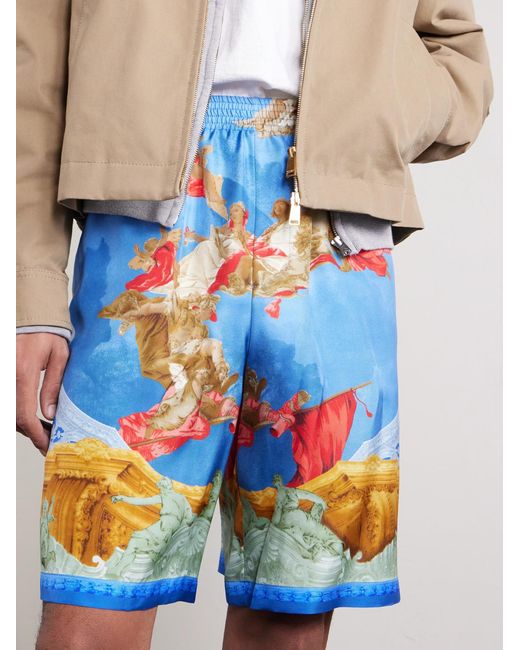 Versace Blue Affresco Printed Silk-Twill Shorts for men