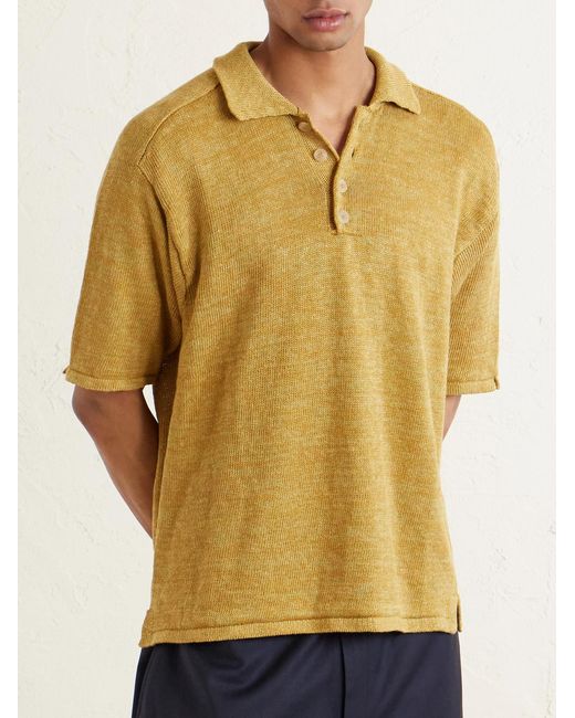 Inis Meáin Yellow Knitted Linen Polo Shirt for men