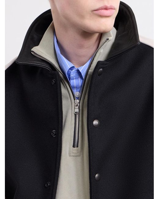 Golden Bear Black Collared Raglan Leather Trimmed Wool-Blend Bomber Jacket for men