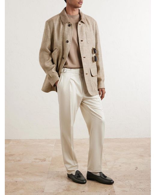Ralph Lauren White Straight-Leg Pleated Silk-Gabardine Trousers for men