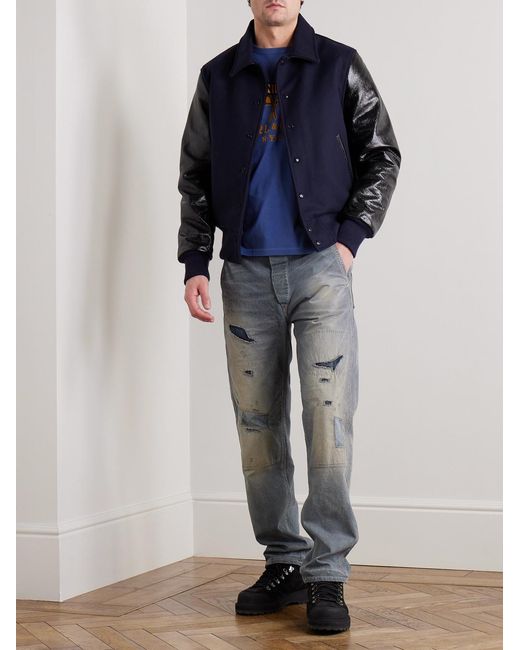 Golden Bear Blue Padded Wool-Blend Felt And Cracked Glossed-Leather Varsity Jacket for men