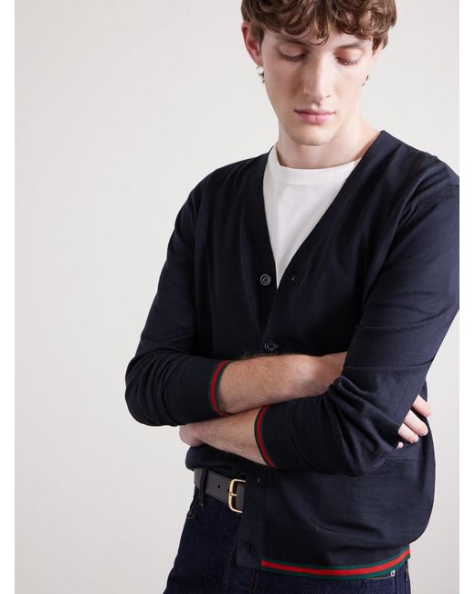 Gucci Blue Webbing-Trimmed Wool Cardigan for men