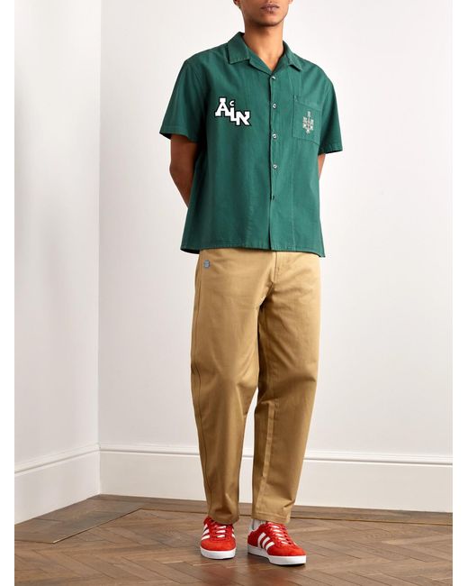 Adish Green The Inoue Brothers Camp-Collar Logo-Detailed Garment-Dyed Cotton Shirt for men