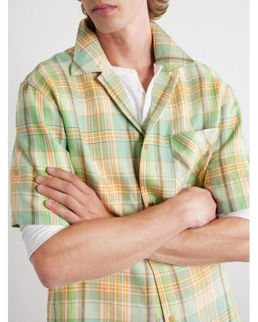 God's True Cashmere Green Convertible-Collar Checked Linen Shirt for men