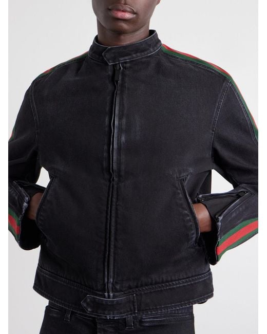 Gucci Blue Webbing-trimmed Denim Biker Jacket for men
