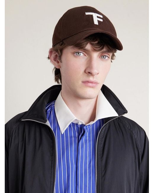 Tom Ford Brown Leather-Trimmed Logo-Embroidered Cotton-Twill Baseball Cap for men