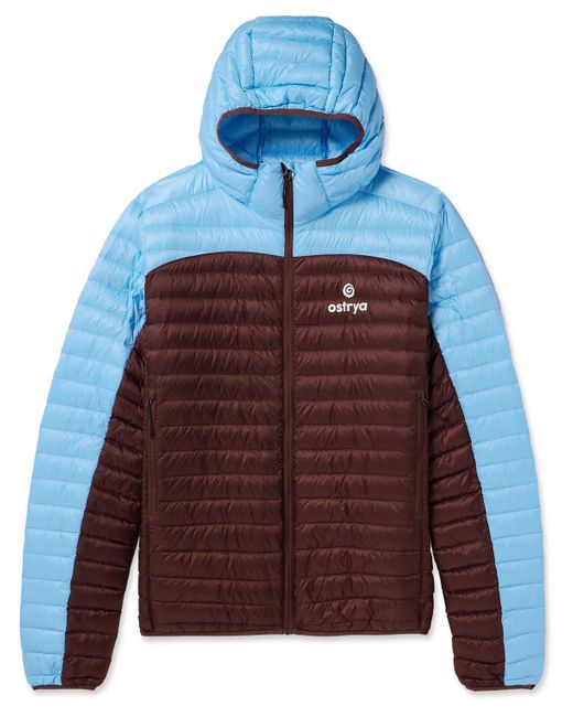 Ostrya Blue Throwing Fits Sapwood Logo-print Colour-block Quilted Ripstop Hooded Down Jacket for men
