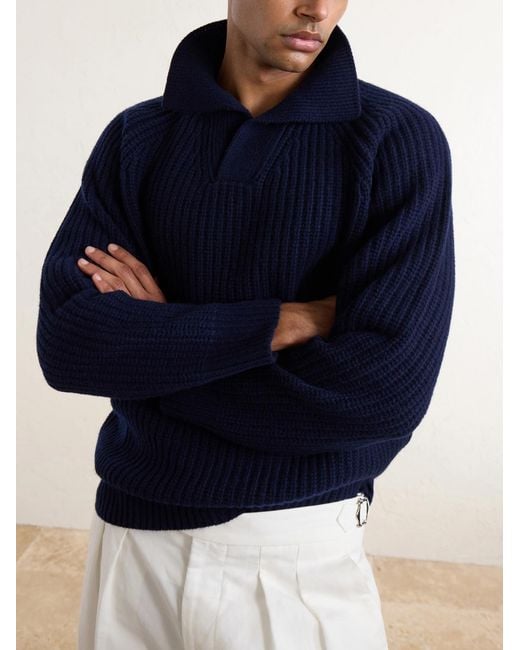 Eleventy Blue Ribbed-Knit Wool And Cashmere-Blend Polo Shirt for men