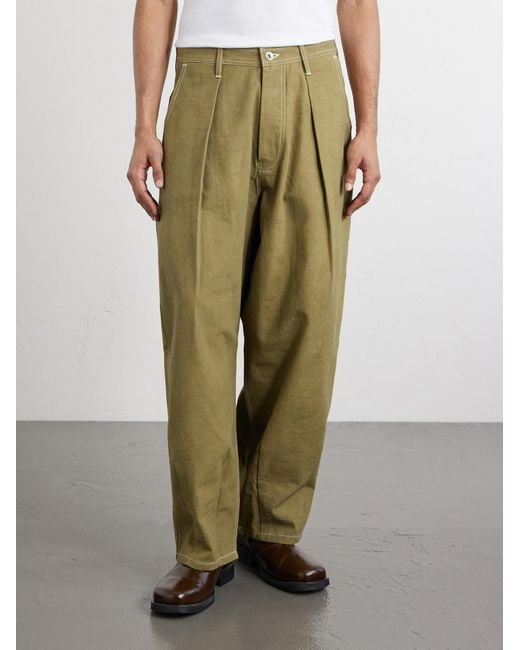 STORY mfg. Green Lush Wide-Leg Pleated Organic Cotton-Canvas Trousers for men