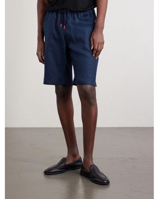 Kiton Blue Drawstring Linen Straight-Leg Shorts for men