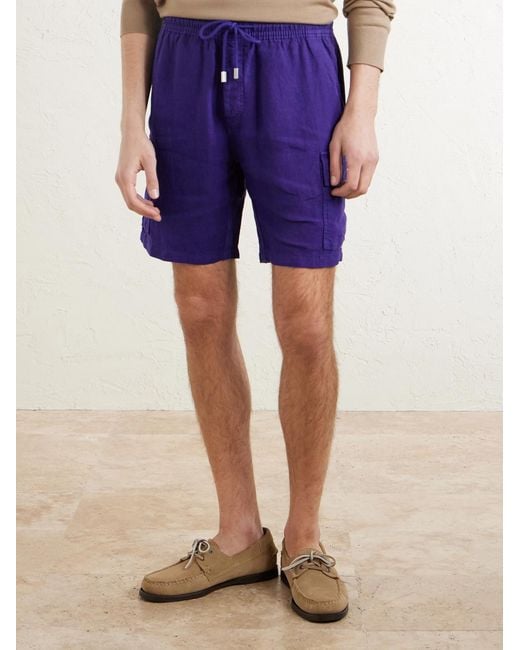 Vilebrequin Blue Straight-Leg Linen Drawstring Cargo Shorts for men
