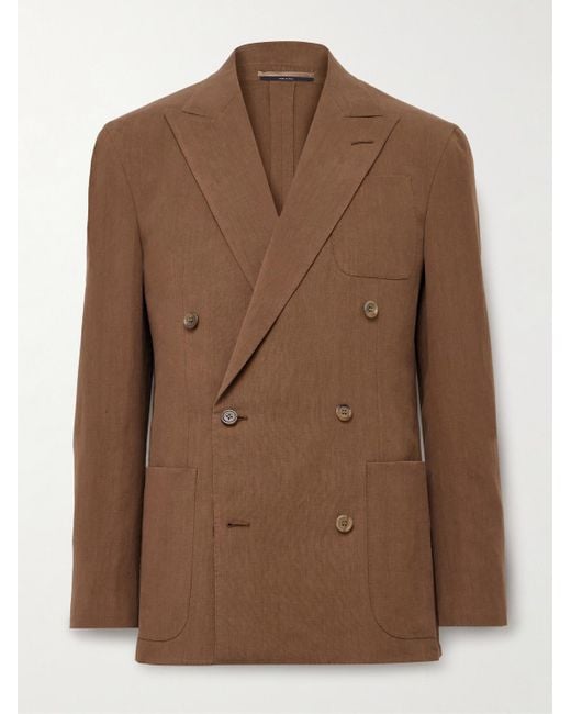 Dunhill Brown Cavendish Double-Breasted Linen Suit Jacket for men