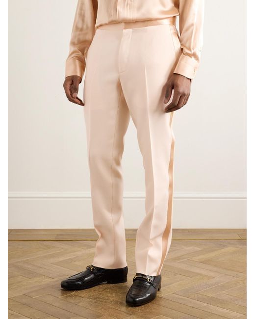 Tom Ford Natural Tapered Satin-trimmed Wool And Silk-blend Twill Tuxedo Trousers for men