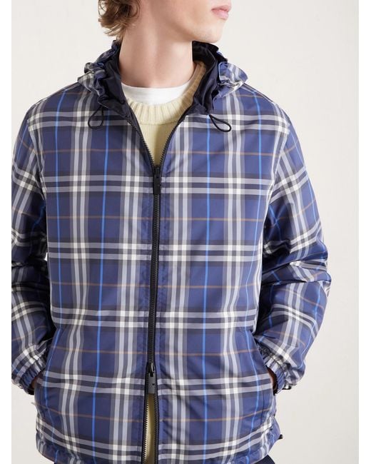 Burberry Blue Hooded Checked Shell Jacket for men