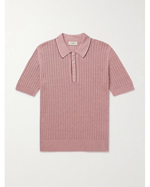 Piacenza 1733 Pink Striped Pointelle-Knit Silk And Linen-Blend Polo Shirt for men