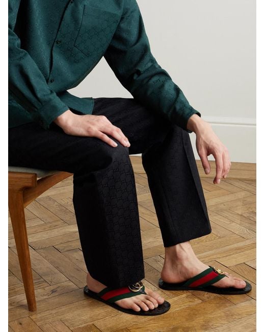 Gucci Black Riviera Logo-Embellished Striped Webbing-Trimmed Leather Sandals for men