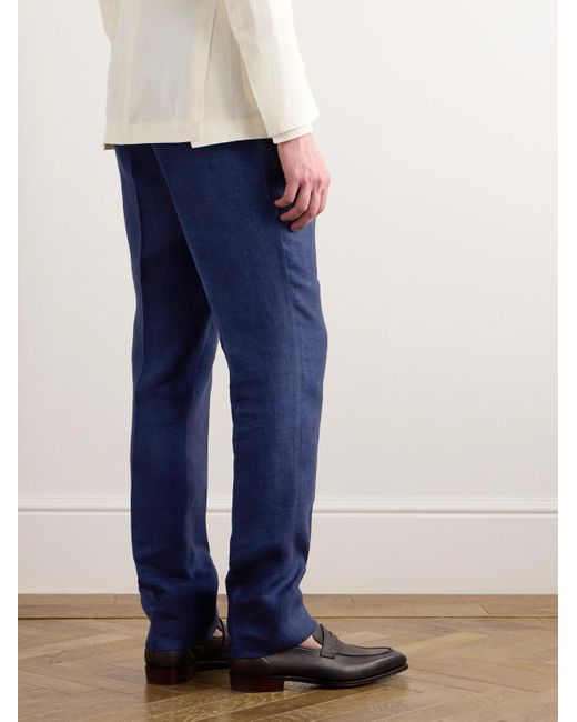 Ralph Lauren Purple Label Blue Dobby Byron Straight-leg Pleated Linen Trousers for men