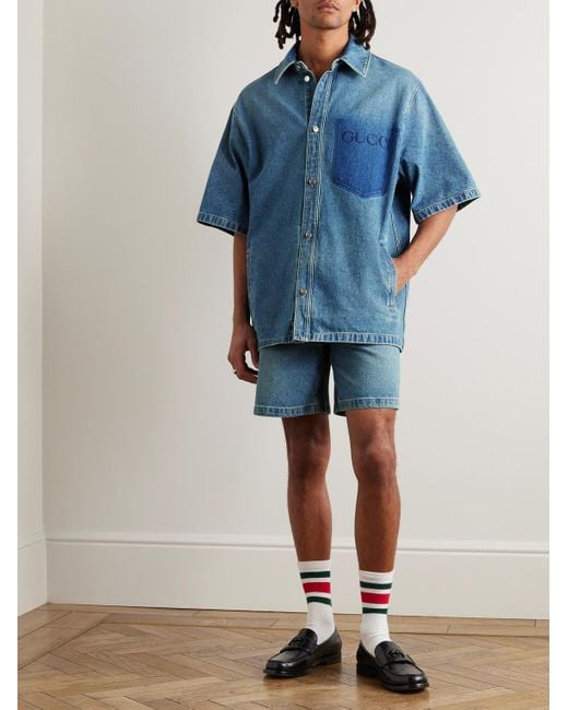 Camicia oversize in denim lavato di Gucci in Blue da Uomo