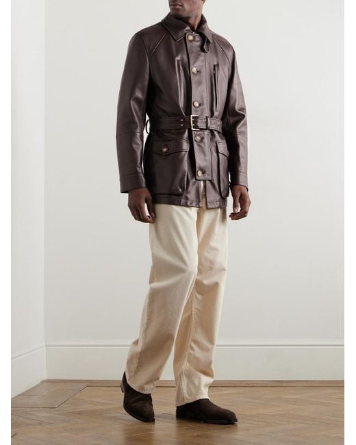 Brunello Cucinelli Black Belted Full-Grain Leather Jacket for men