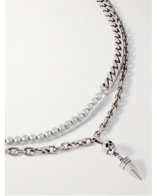 Alexander McQueen Metallic Skull Silver-tone And Faux Pearl Chain Necklace for men