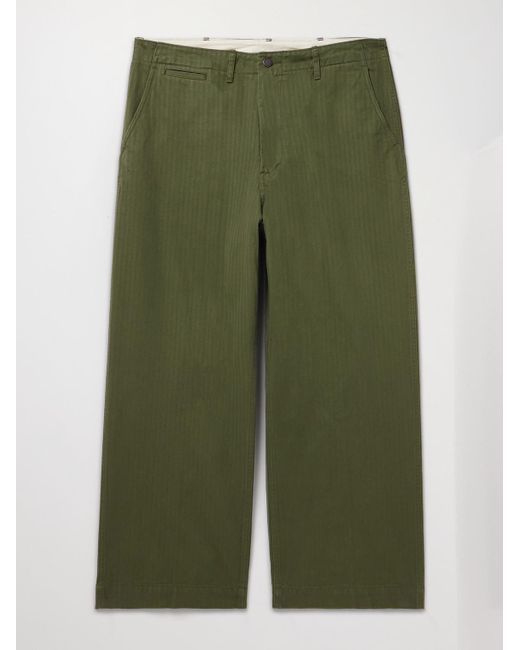 Beams Plus Green Wide-Leg Herringbone Cotton-Twill Trousers for men
