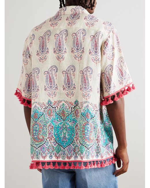 Valentino Garavani Gray Voyage Imaginaire Camp-Collar Tasseled Paisley-Print Linen Shirt for men
