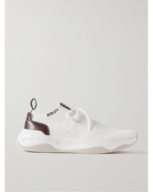 Berluti White Shadow Leather-Trimmed Stretch-Knit Sneakers for men