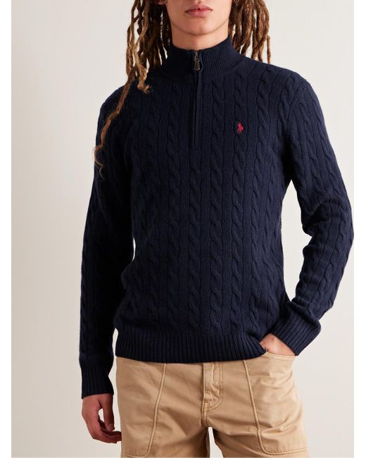 Polo Ralph Lauren Logo-embroidered Cable-knit Wool And Cashmere-blend Half- zip Sweater in Blue for Men | Lyst UK