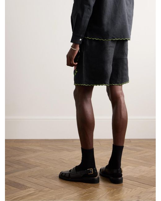 Bode Black Rosefinch Straight-leg Embroidered Linen Shorts for men