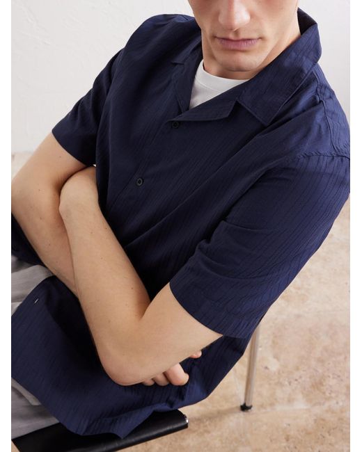 Sunspel Blue Camp-Collar Textured-Cotton Shirt for men