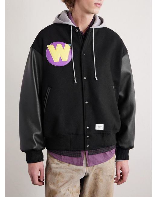 (w)taps Black Logo-Appliquéd Panelled Melton Wool-Blend Jacket for men