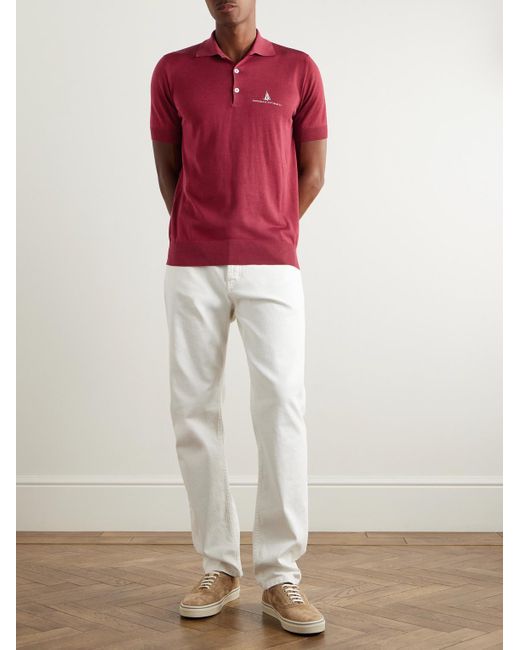 Brunello Cucinelli Schmal geschnittenes Polohemd aus einer Seiden-Baumwollwollmischung mit Logostickerei in Red für Herren