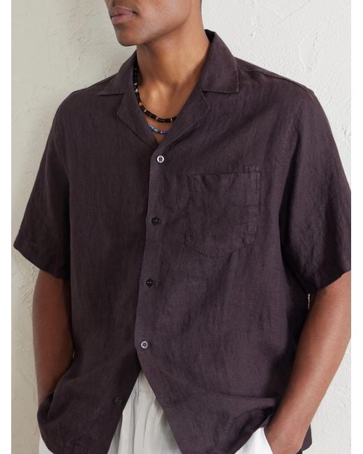 Frescobol Carioca Brown Angelo Camp-Collar Linen Shirt for men