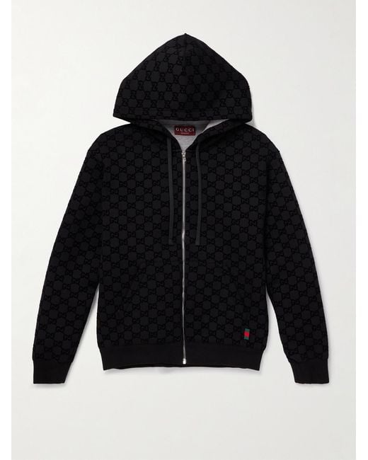 Gucci Black Logo-Flocked Jersey Zip-Up Hoodie for men