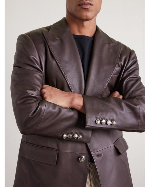 Brunello Cucinelli Brown Full-Grain Leather Blazer for men