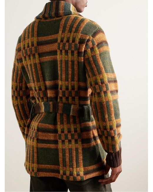 RRL Brown Ranch Shawl-collar Belted Check Wool Cardigan for men