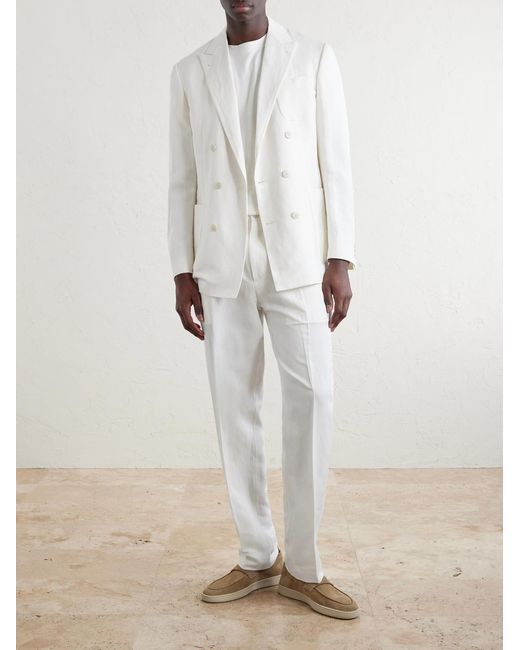 Canali White Mamhood Straight-Leg Pleated Linen And Silk-Blend Trousers for men